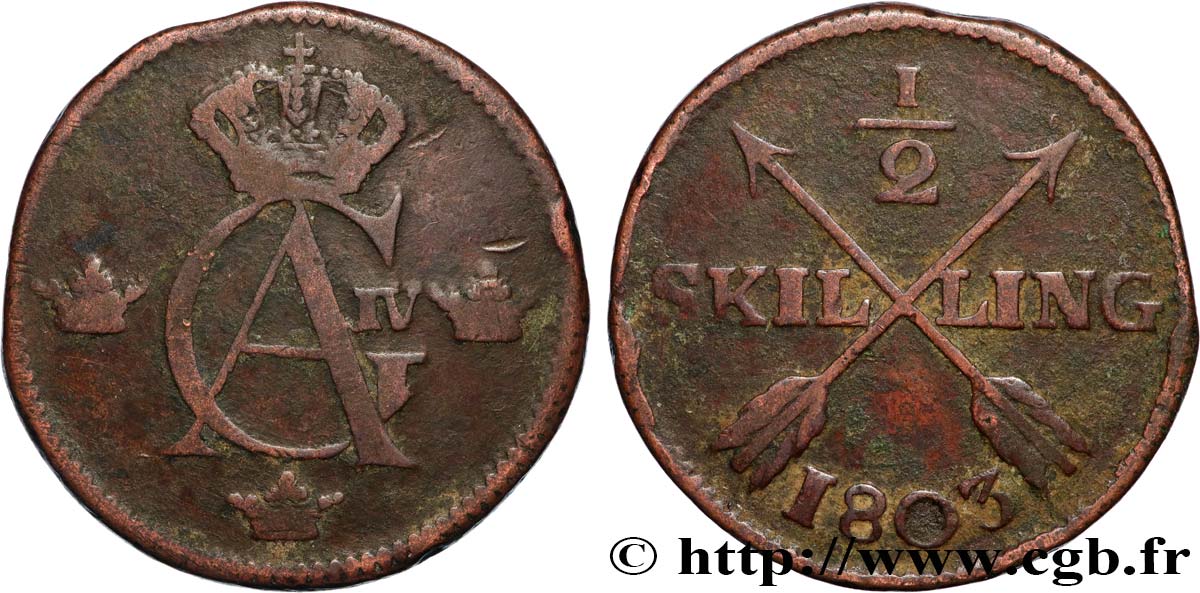 SUÈDE 1/2 Skilling Gustave IV Adolphe 1803  TB 