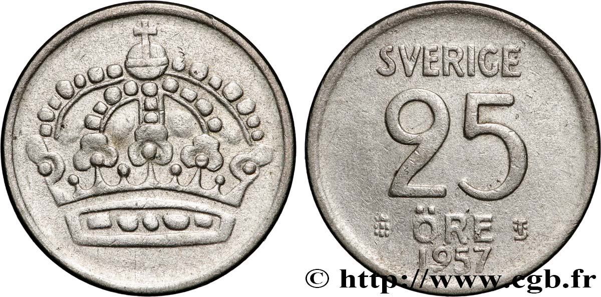 SUÈDE 25 Ore Gustave VI Adolphe 1957  TTB+ 