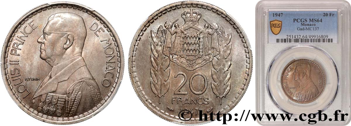 MONACO 20 Francs prince Louis II 1947 Paris fST64 PCGS