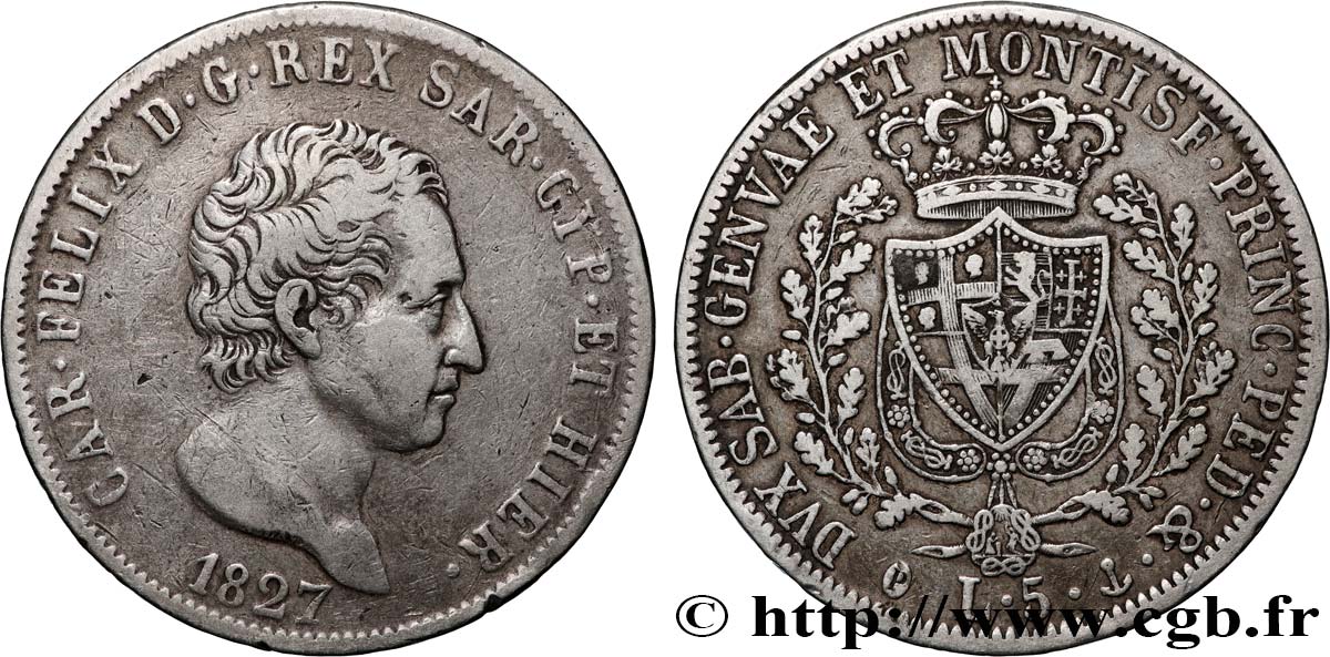 ITALY - KINGDOM OF SARDINIA 5 Lire Charles Félix 1827 Gênes XF 