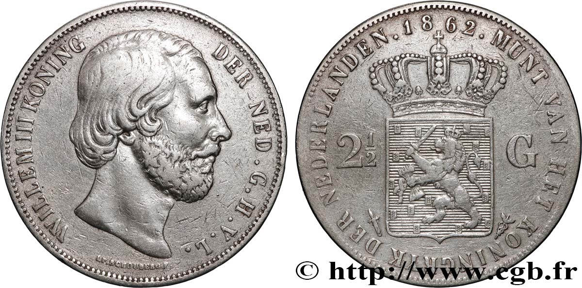 PAYS-BAS - ROYAUME DES PAYS-BAS - GUILLAUME III 2 1/2 Gulden  1862 Utrecht SS 