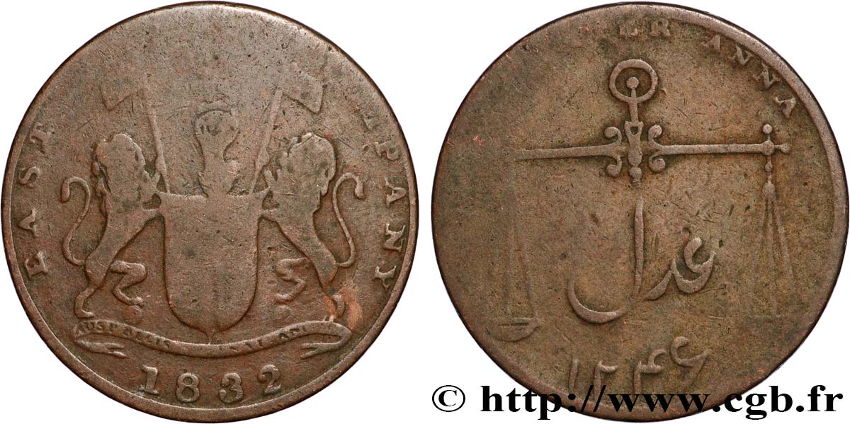 BRITISH INDIA 1/4 Anna East India Company Présidence de Bombay AH 1246 1832 Bombay F 