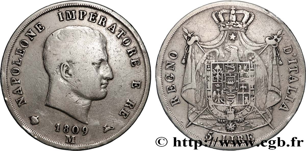 ITALIA - REGNO D ITALIA - NAPOLEONE I 5 Lire 1809 Milan q.BB 