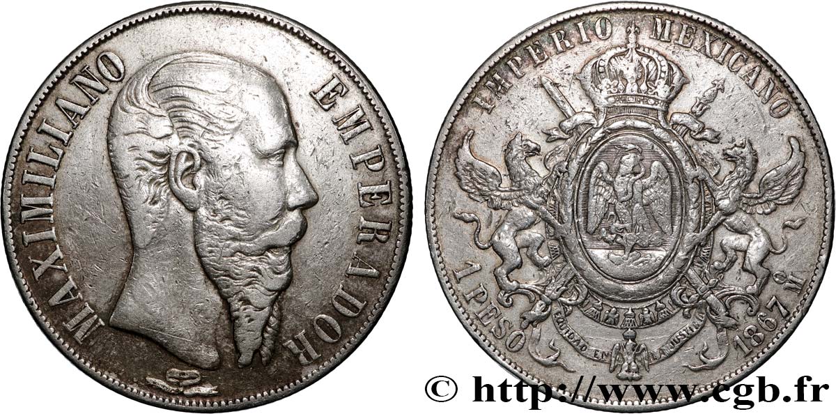 MEXICO - MAXIMILIAN I 1 Peso 1867 Mexico VF 