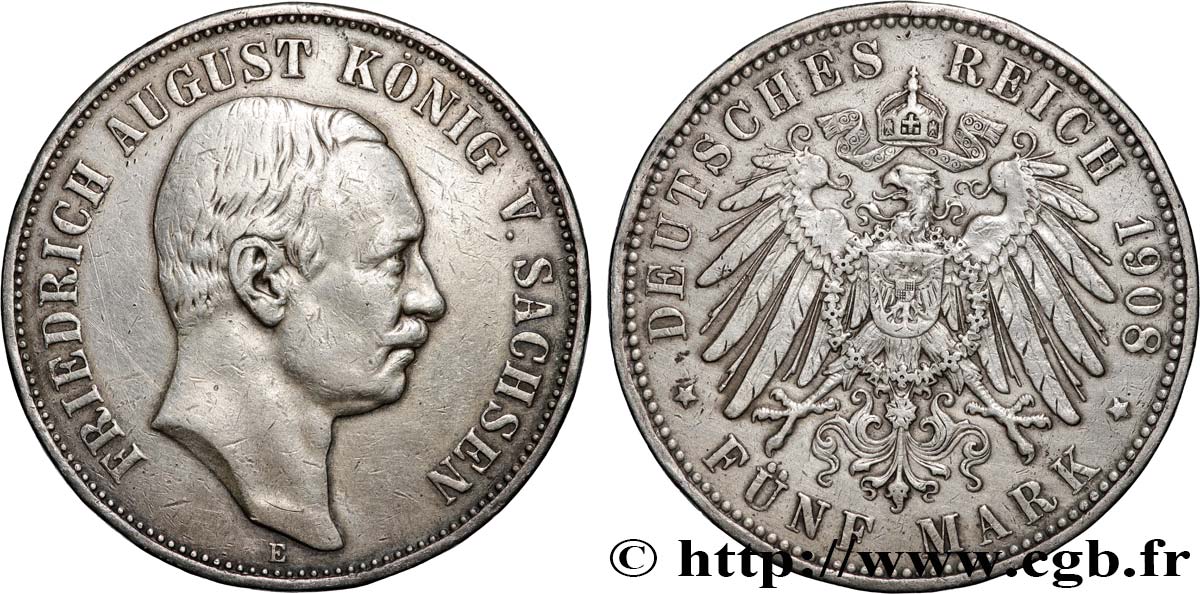 ALLEMAGNE - ROYAUME DE SAXE - FRÉDÉRIC-AUGUSTE III 5 Mark  1908 Muldenhütten BB 