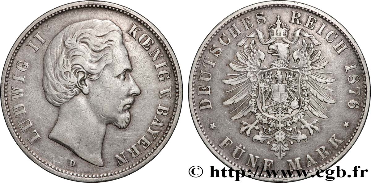 GERMANY - KINGDOM OF BAVARIA - LUDWIG II 5 Mark  1876 Munich XF 