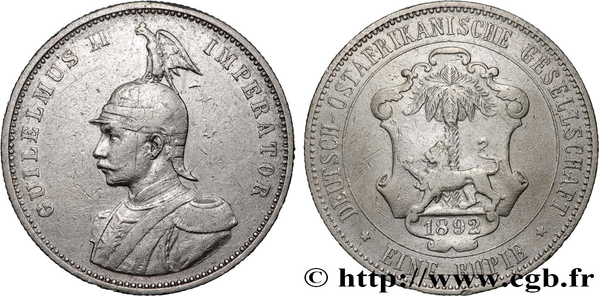 GERMAN EAST AFRICA - WILLIAM II 1 Roupie 1892 Berlin VF 