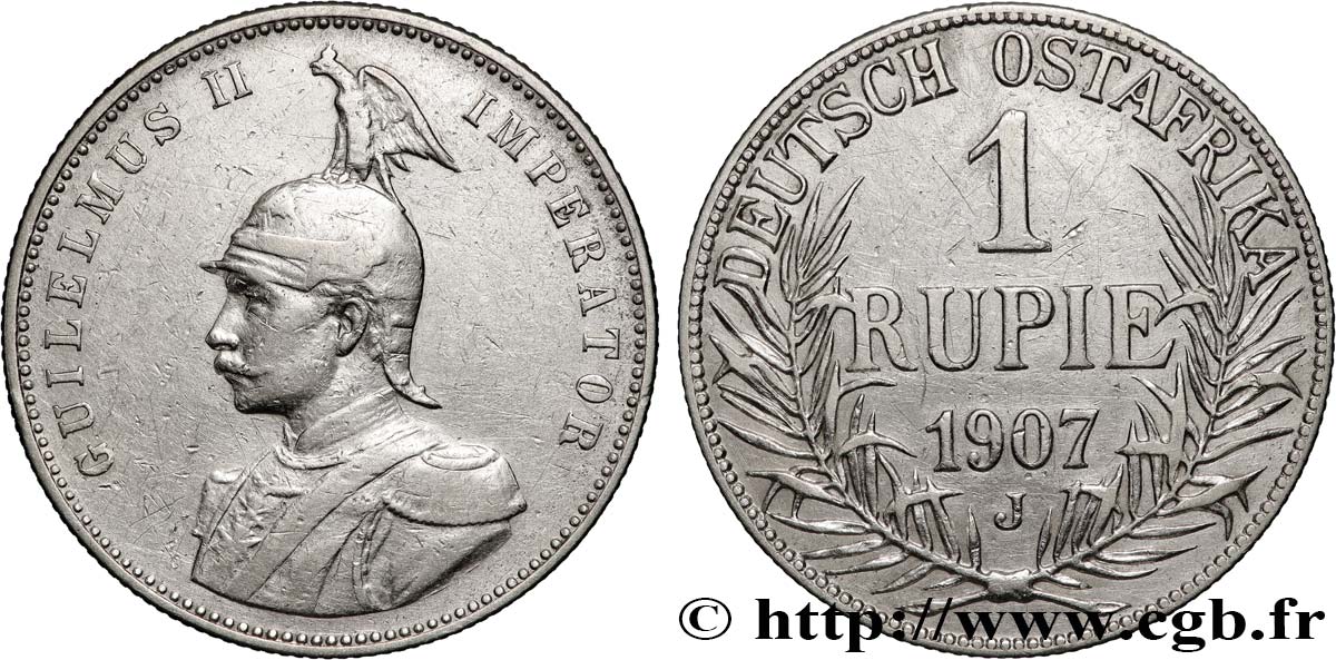 GERMAN EAST AFRICA 1 Rupie (Roupie) Guillaume II Deutsch-Ostafrica 1907 Hambourg XF 