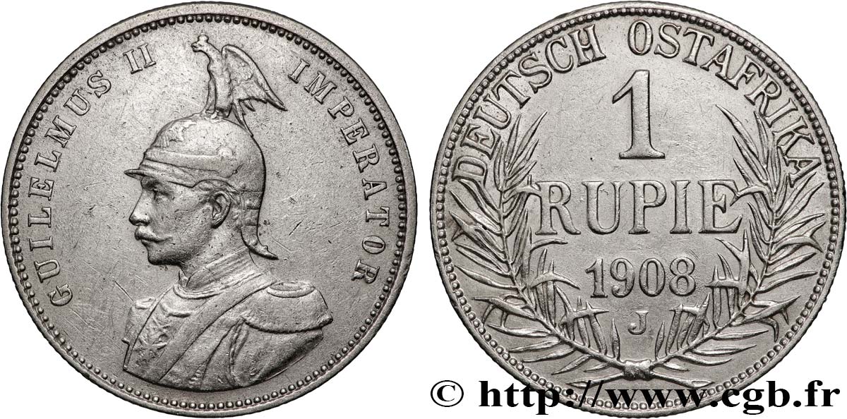 GERMAN EAST AFRICA 1 Rupie (Roupie) Guillaume II 1908 Hambourg XF 