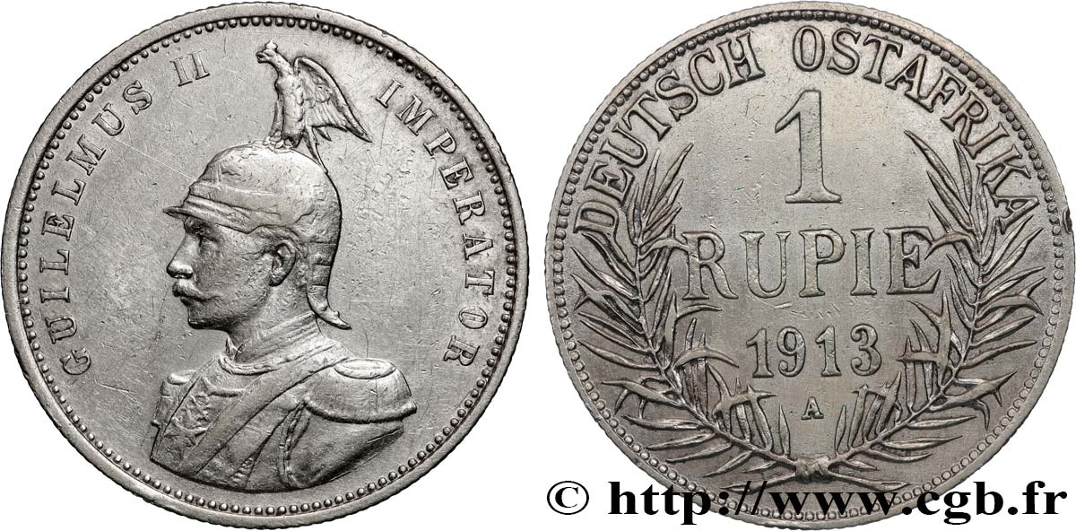 GERMAN EAST AFRICA 1 Rupie (Roupie) Guillaume II Deutsch-Ostafrica 1913 Berlin XF 