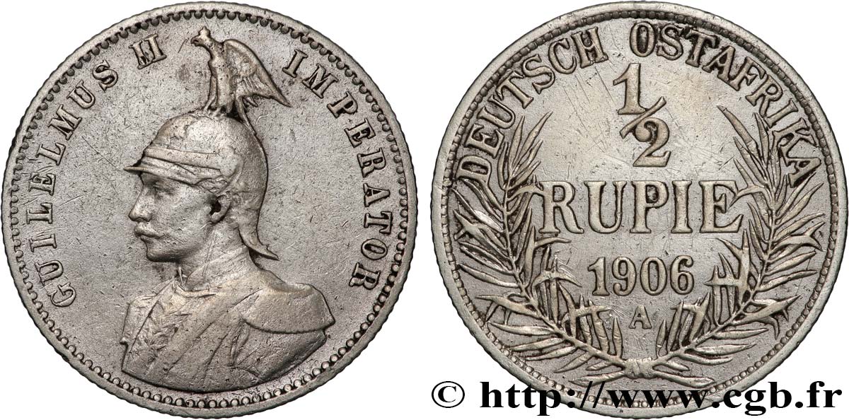 DEUTSCH-OSTAFRIKA 1/2 Roupie Guillaume II 1906 Berlin fSS/SS 