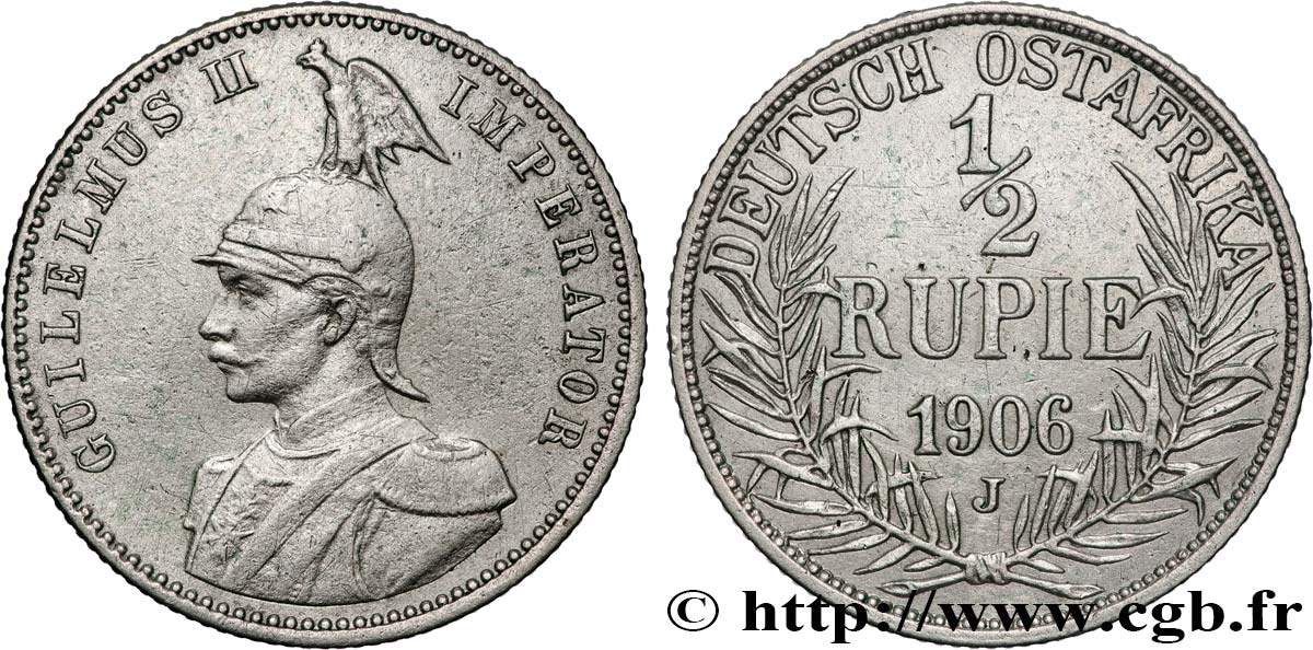 DEUTSCH-OSTAFRIKA 1/2 Roupie Guillaume II 1906 Stuttgart fSS/SS 