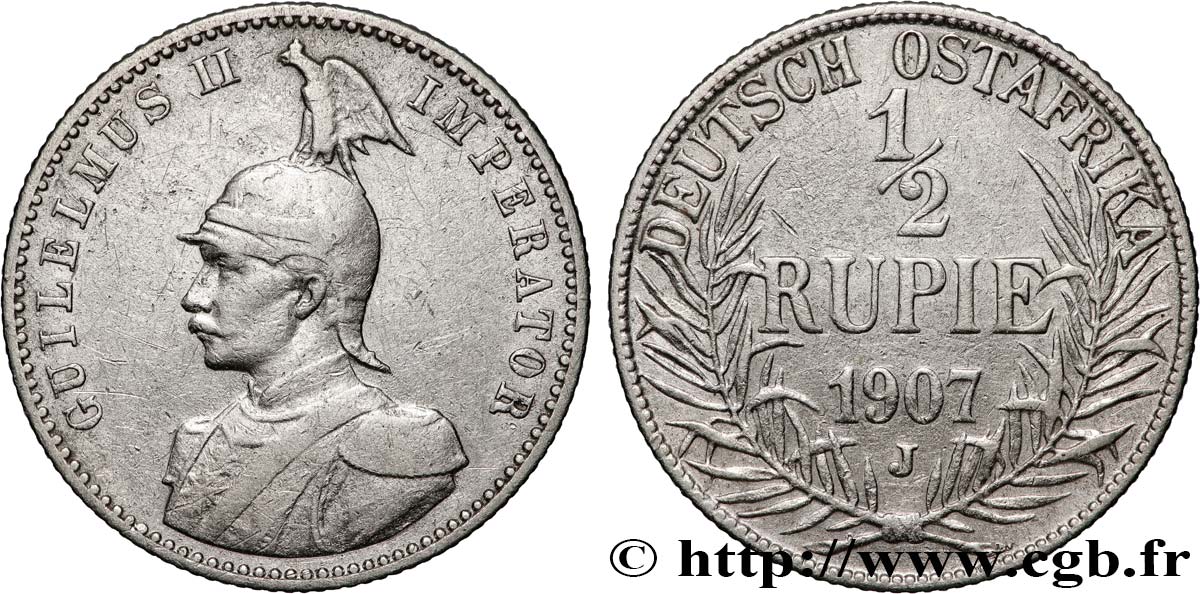 DEUTSCH-OSTAFRIKA 1/2 Rupie (Roupie) Guillaume II 1907 Hambourg SS 