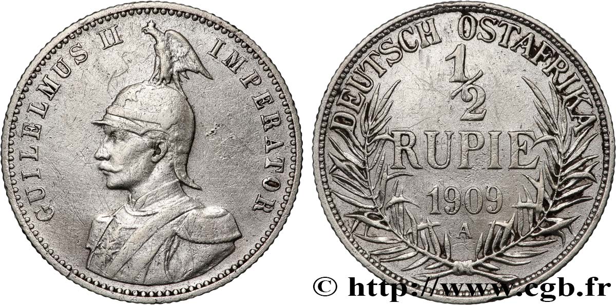 AFRIQUE ORIENTALE ALLEMANDE - GUILLAUME II 1/2 Rupie (Roupie) 1909 Berlin BB 