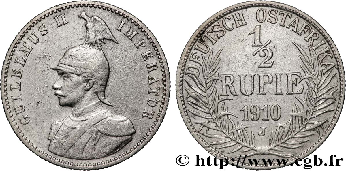 DEUTSCH-OSTAFRIKA 1/2 Rupie (Roupie) Guillaume II 1910 Hambourg SS 