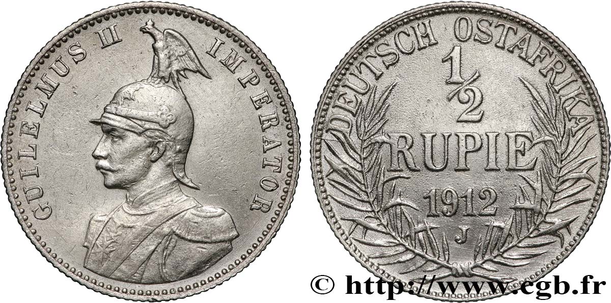 GERMAN EAST AFRICA - WILLIAM II 1/2 Rupie (Roupie)  1912 Hambourg XF 