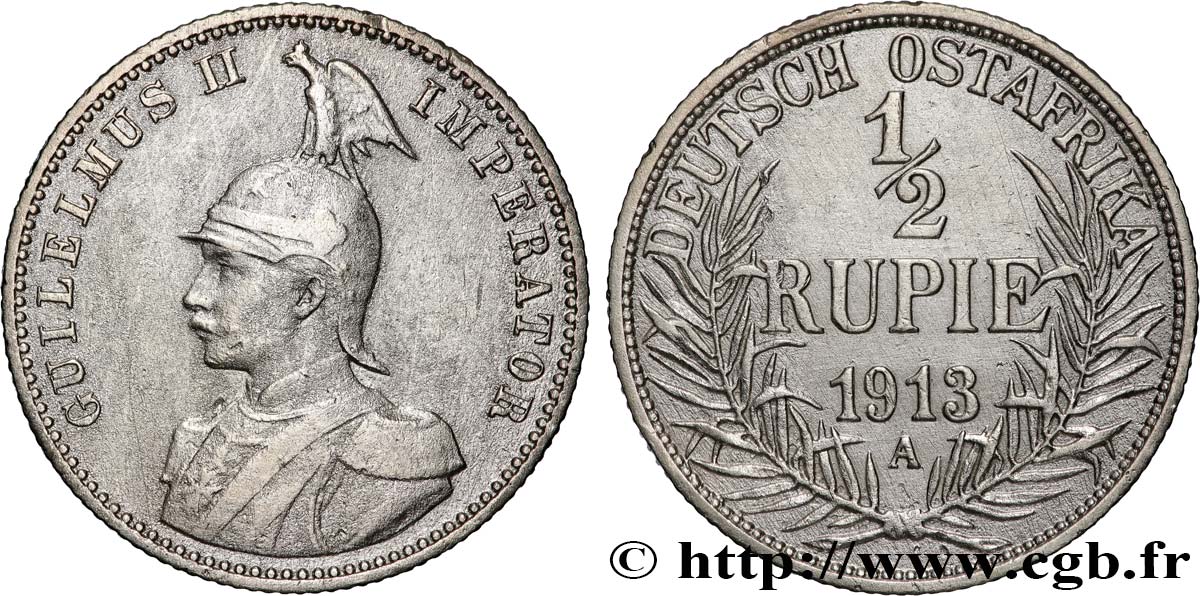 DEUTSCH-OSTAFRIKA 1/2 Rupie (Roupie) Guillaume II 1913 Berlin fSS/SS 