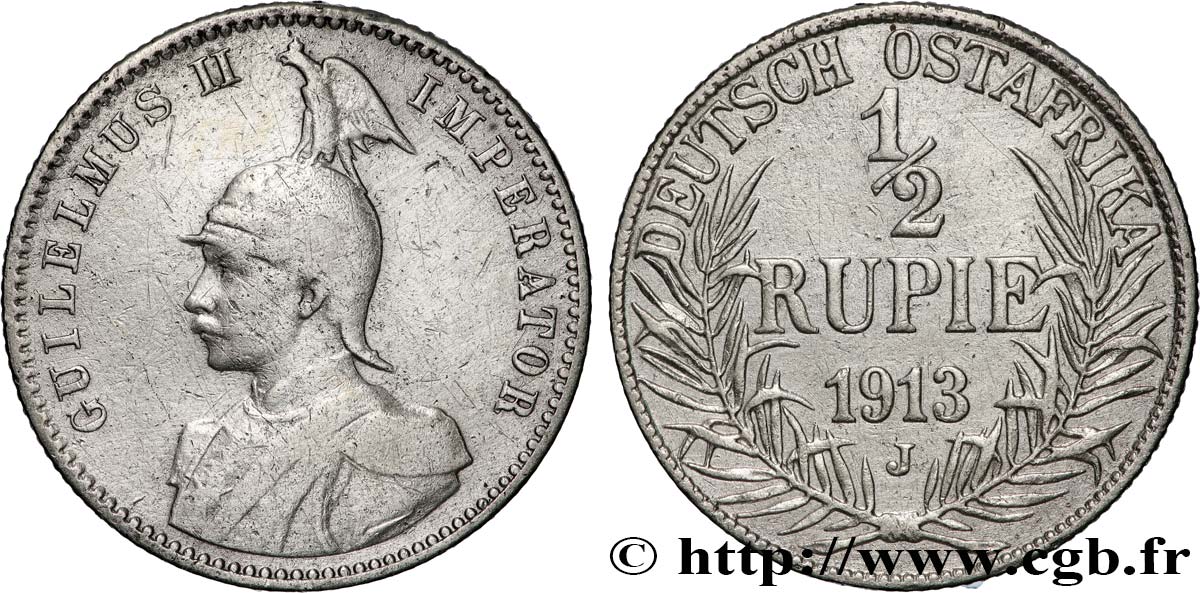 DEUTSCH-OSTAFRIKA 1/2 Rupie (Roupie) Guillaume II 1913 Hambourg fSS 