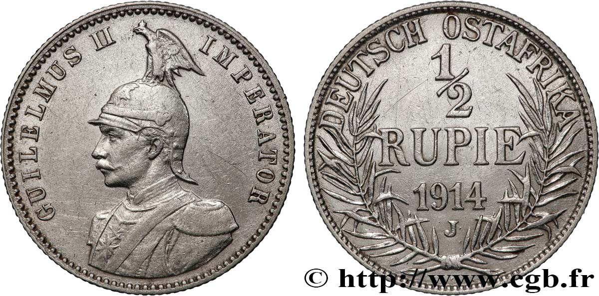 DEUTSCH-OSTAFRIKA 1/2 Rupie (Roupie) Guillaume II 1914 Hambourg SS 