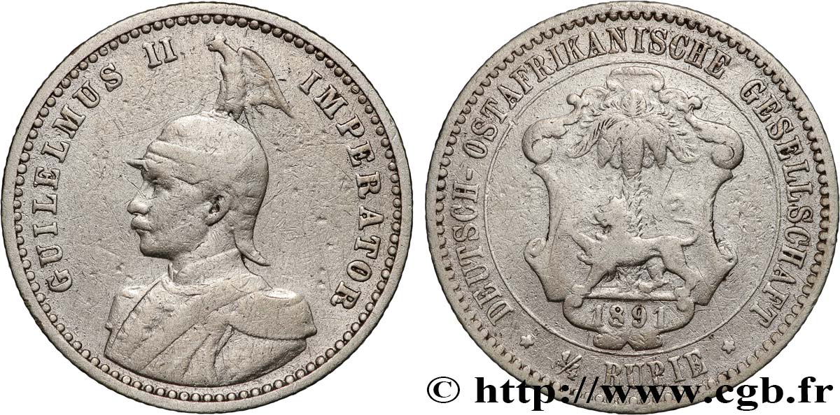 DEUTSCH-OSTAFRIKA 1/4 Roupie Guillaume II  1891 Berlin fSS 