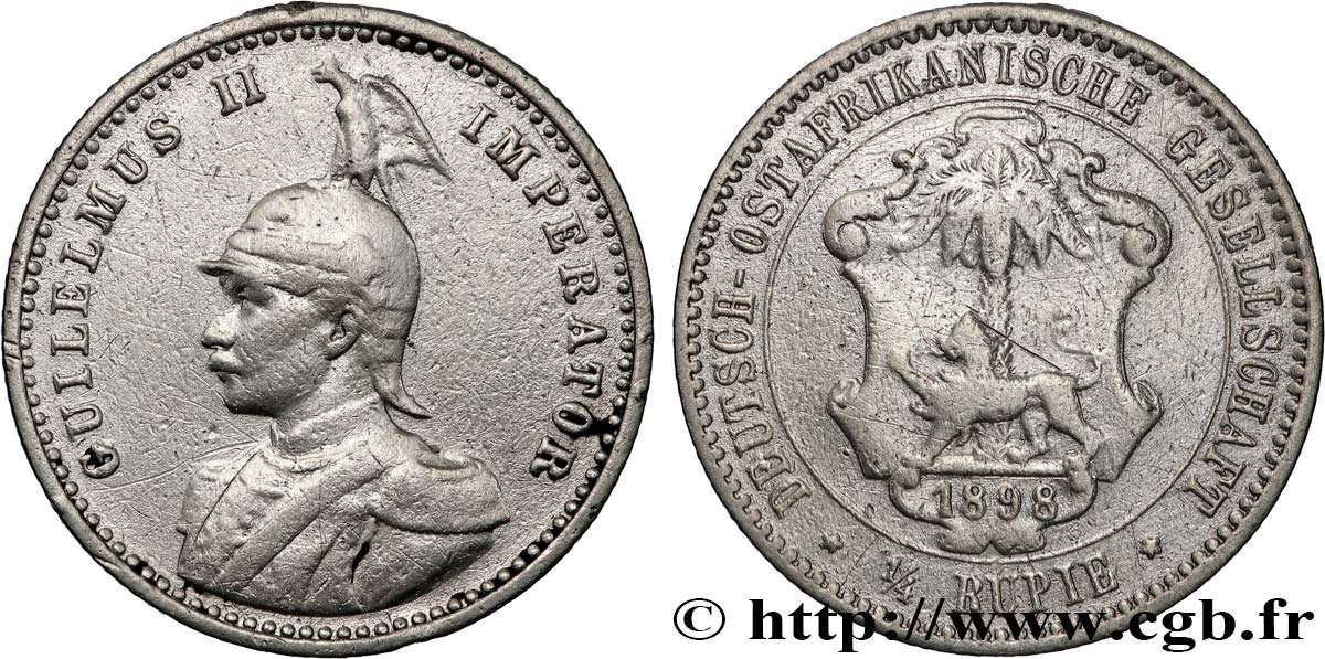 DEUTSCH-OSTAFRIKA 1/4 Roupie Guillaume II  1898 Berlin fSS 