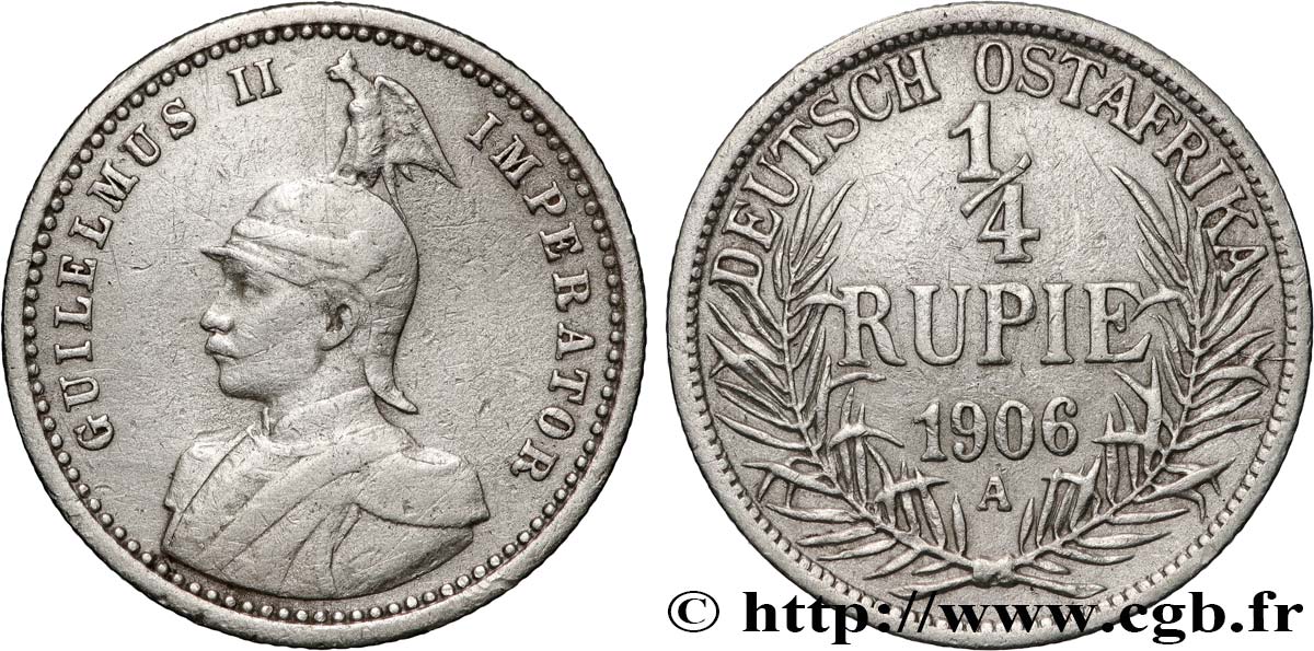 GERMAN EAST AFRICA - WILLIAM II 1/4 Roupie 1906 Berlin XF 