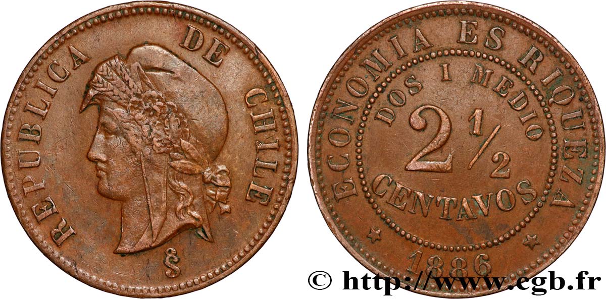 CHILE 2 1/2 Centavos 1886 Santiago du Chili AU 
