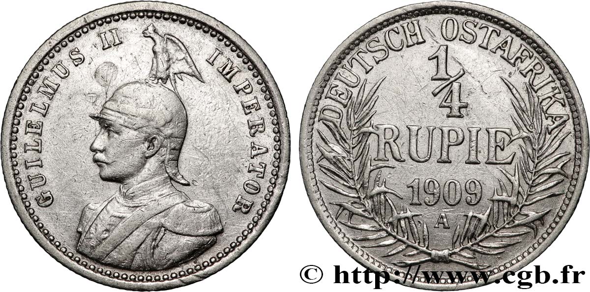 GERMAN EAST AFRICA - WILLIAM II 1/4 Roupie 1909 Berlin XF 