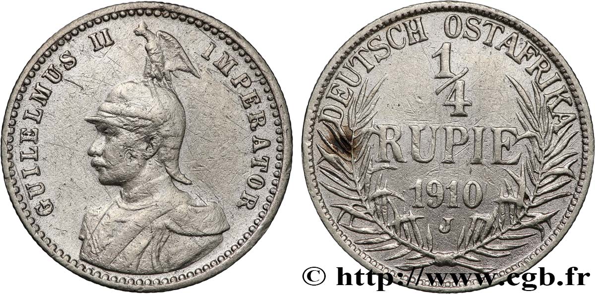 GERMAN EAST AFRICA 1/4 Rupie (Roupie) Guillaume II 1910 Hambourg XF 