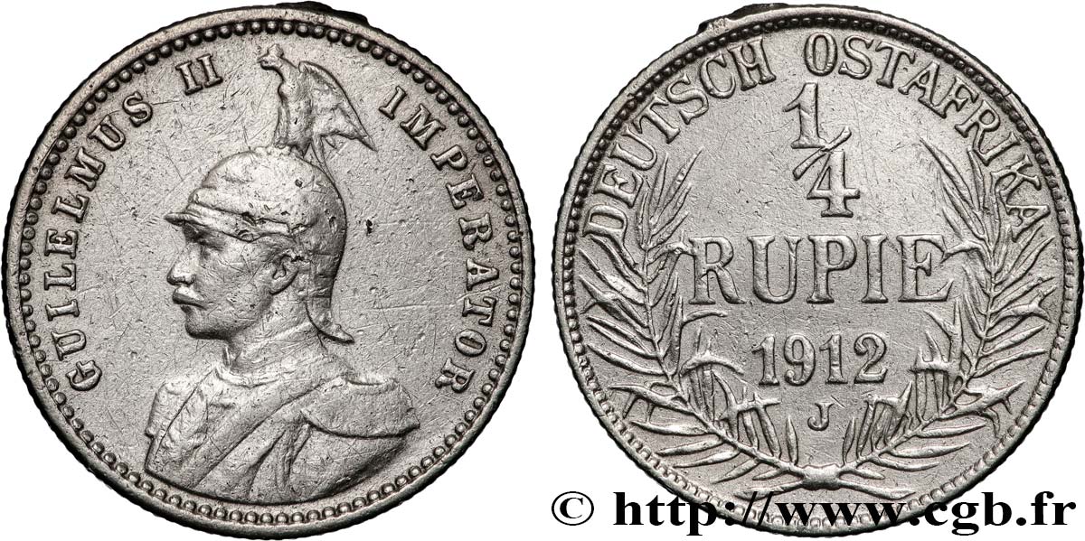 DEUTSCH-OSTAFRIKA 1/4 Rupie (Roupie) Guillaume II 1912 Hambourg SS 