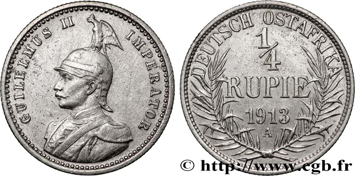 GERMAN EAST AFRICA 1/4 Rupie (Roupie) Guillaume II 1913 Berlin XF 