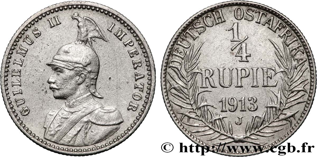 GERMAN EAST AFRICA 1/4 Rupie (Roupie) Guillaume II 1913 Hambourg XF 