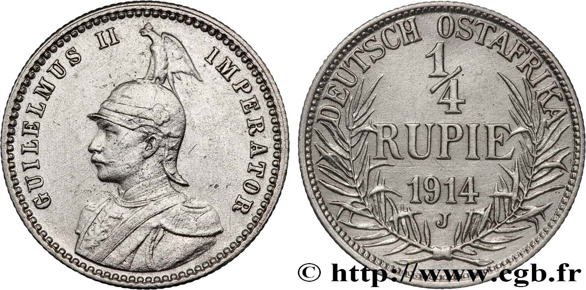 GERMAN EAST AFRICA 1/4 Rupie (Roupie) Guillaume II 1914 Hambourg XF 