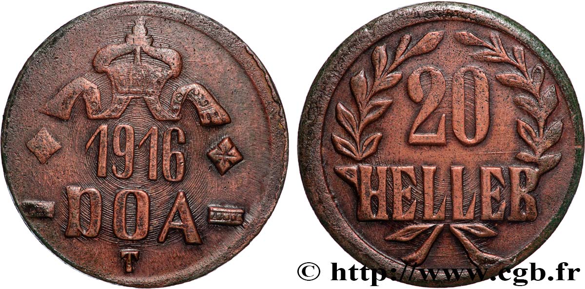 GERMAN EAST AFRICA 20 Heller Deutch Ostafrica type petite couronne et extrémités des L pointus 1916 Tabora XF 