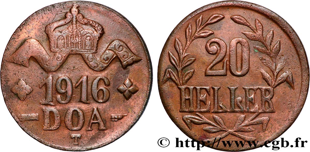 GERMAN EAST AFRICA 20 Heller Deutch Ostafrica type petite couronne et extrémité du 2e L frisée 1916 Tabora XF 