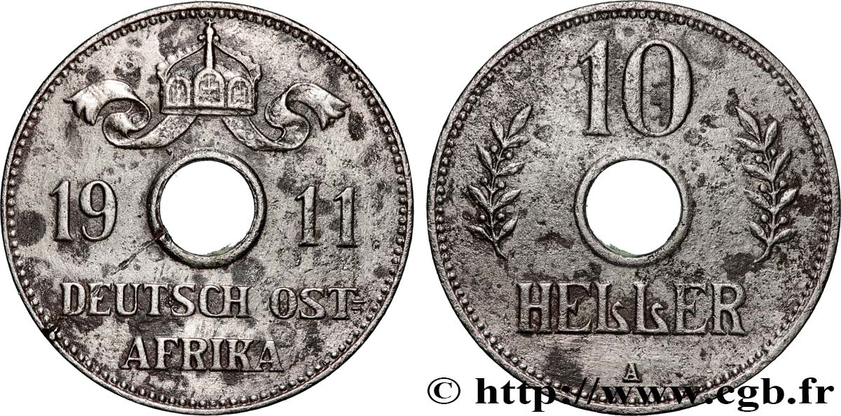 GERMAN EAST AFRICA 10 Heller Deutch Ostafrica type couronne large et extrémités des L frisées 1911 Berlin XF 