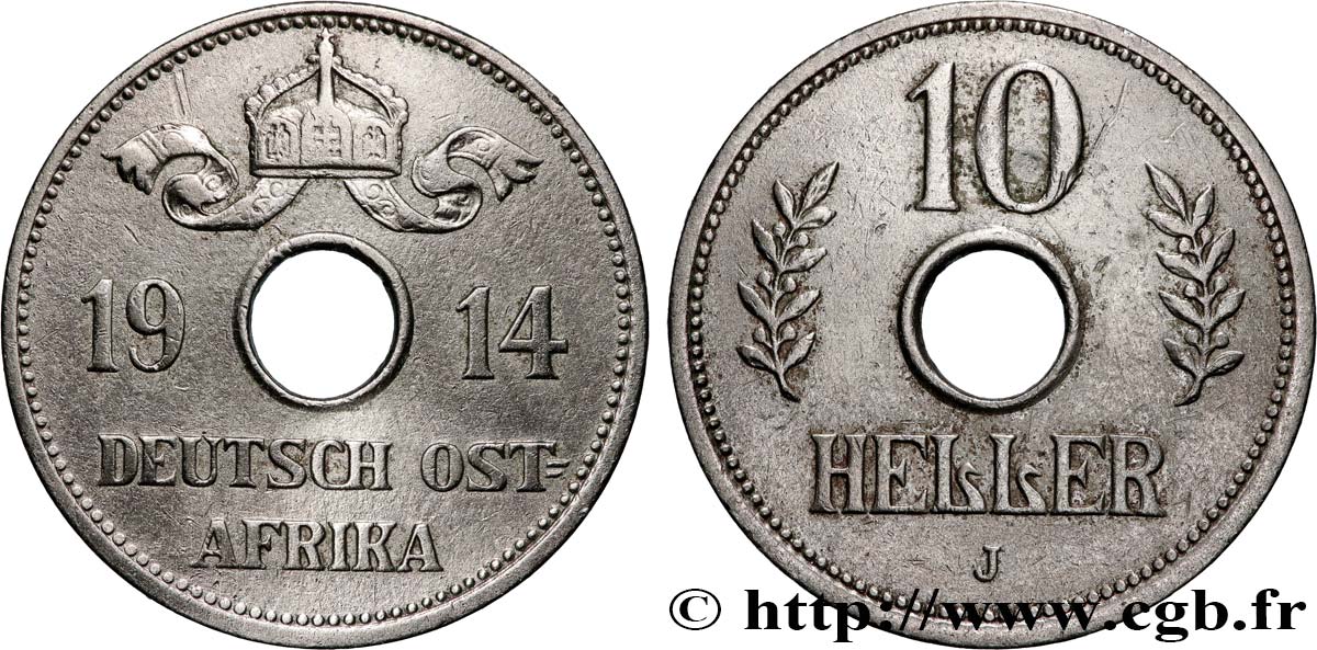 AFRIQUE ORIENTALE ALLEMANDE 10 Heller Deutch Ostafrica type couronne large et extrémités des L frisées 1914 Hambourg - J TTB 