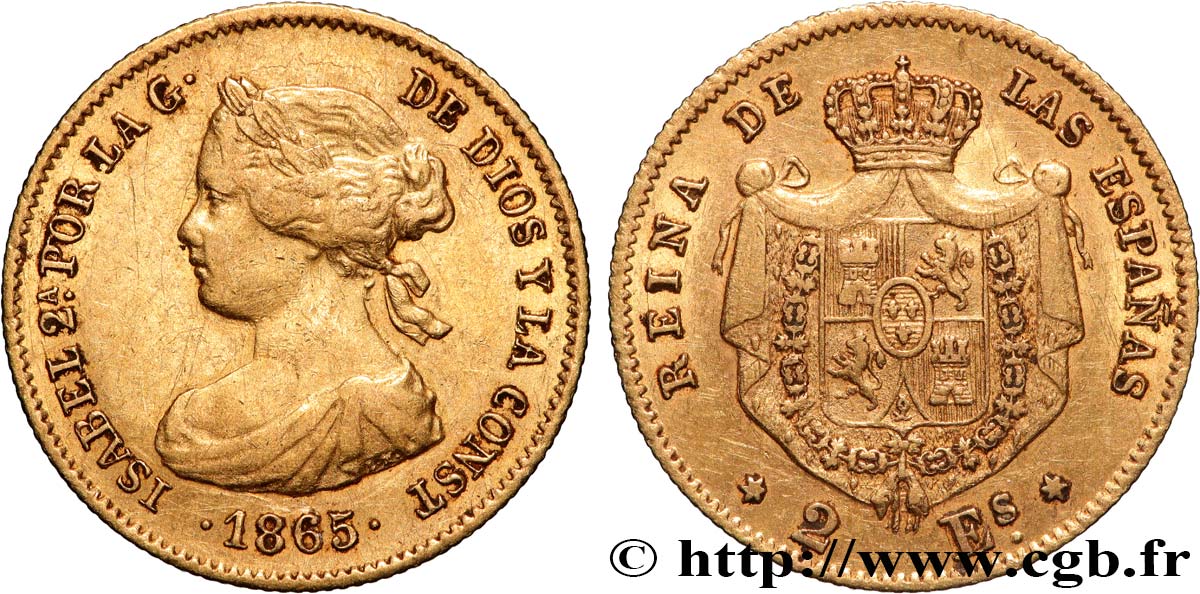 ESPAGNE - ROYAUME D ESPAGNE - ISABELLE II 2 Escudos  1865 Madrid MBC+ 