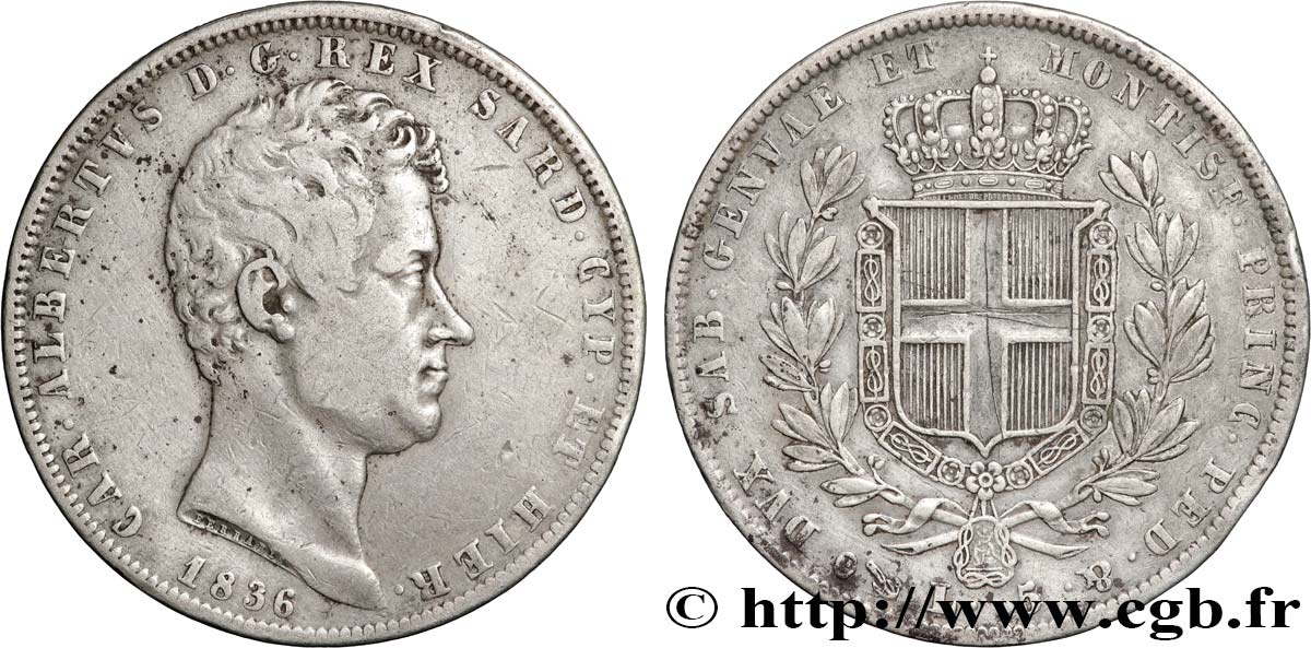 ITALIA - REINO DE CERDEÑA 5 Lire Charles Albert 1836 Gênes BC+ 