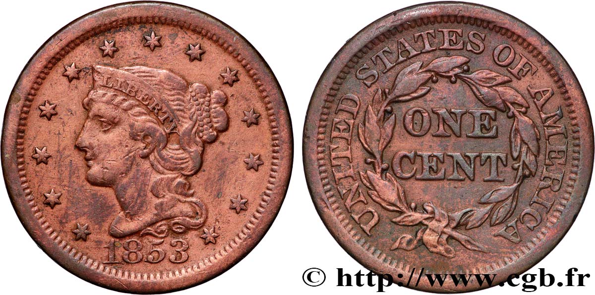 STATI UNITI D AMERICA 1 Cent Liberté “Braided Hair” 1853 Philadelphie q.BB 