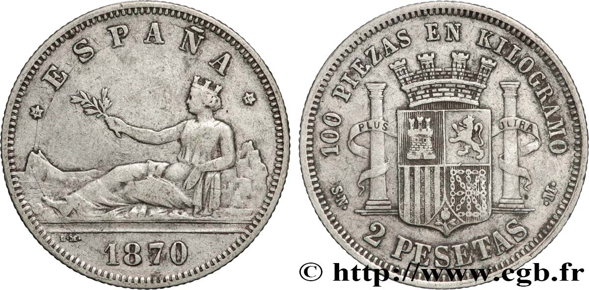 ESPAGNE 2 Pesetas “ESPAÑA” 1870 Madrid TB+ 