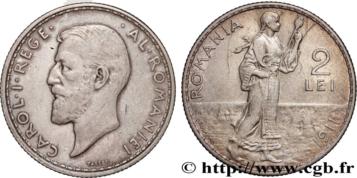 ROMANIA 2 Lei Charles Ier 1911  XF 