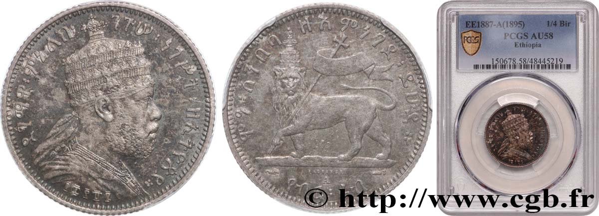 ÉTHIOPIE 1/4 Birr roi Menelik II EE1887 1895 Paris SUP58 PCGS