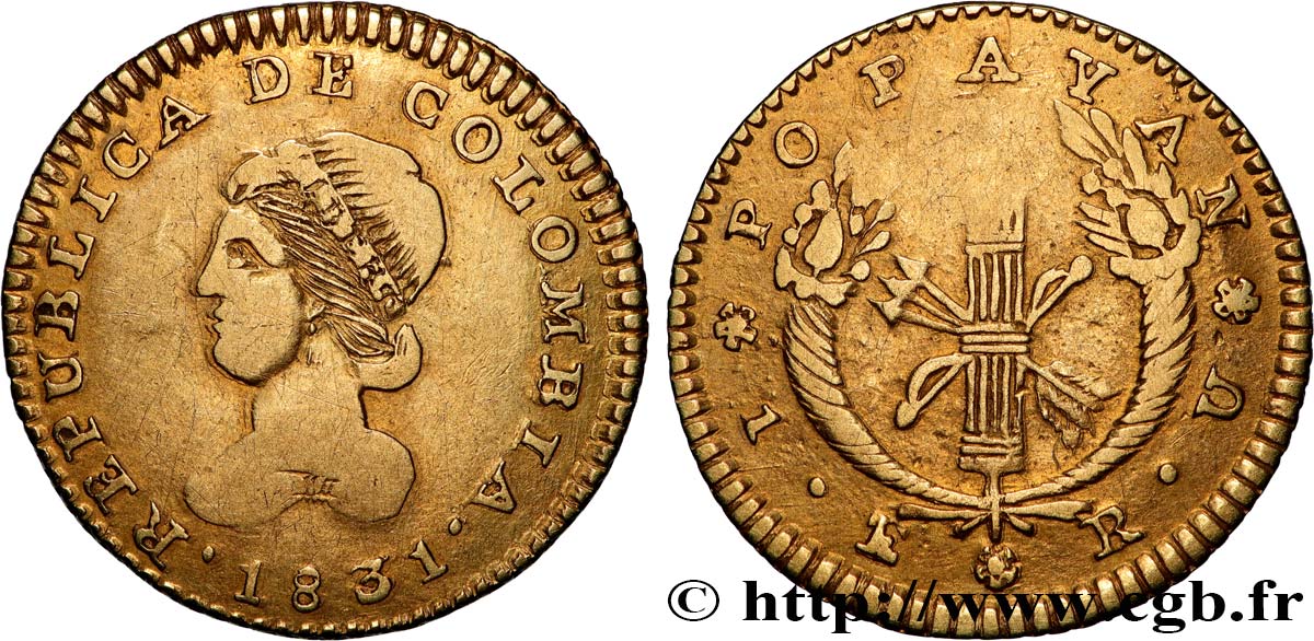 COLOMBIE - RÉPUBLIQUE DE COLOMBIE 1 Escudo 1831 Popayan TTB 