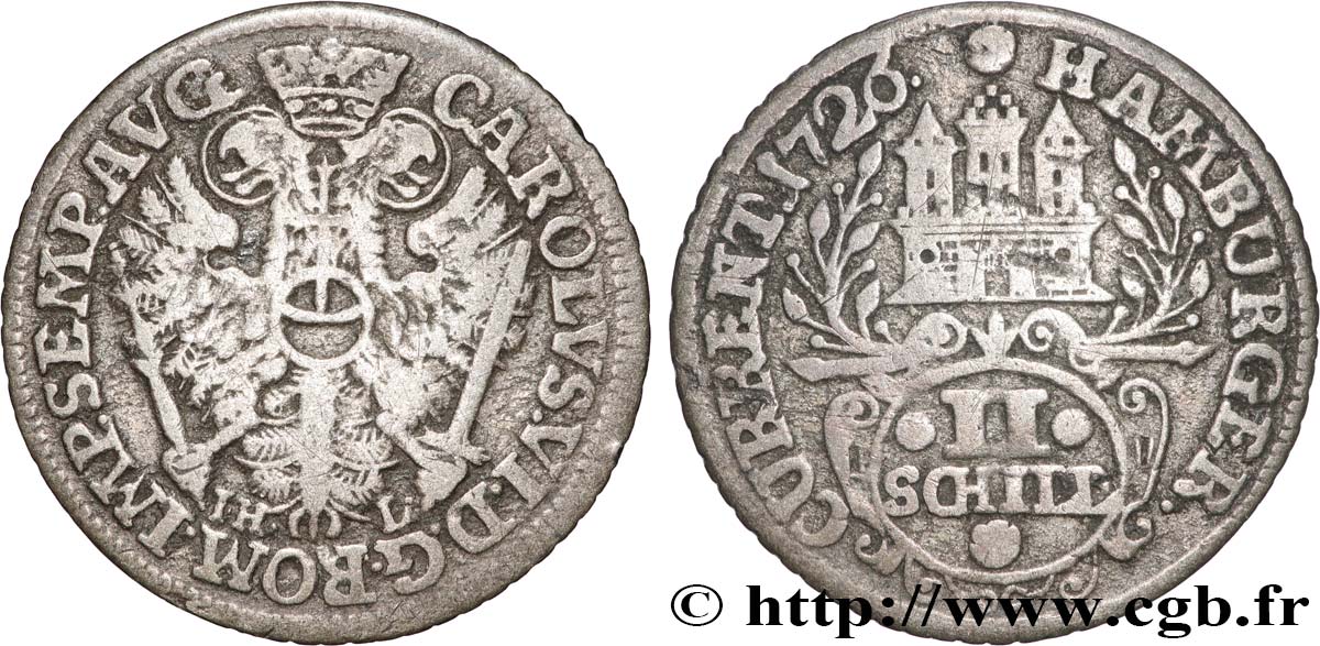 GERMANY - HAMBURG FREE CITY 2 (II) Schilling armes de la ville / aigle impérial 1726 Hambourg XF 