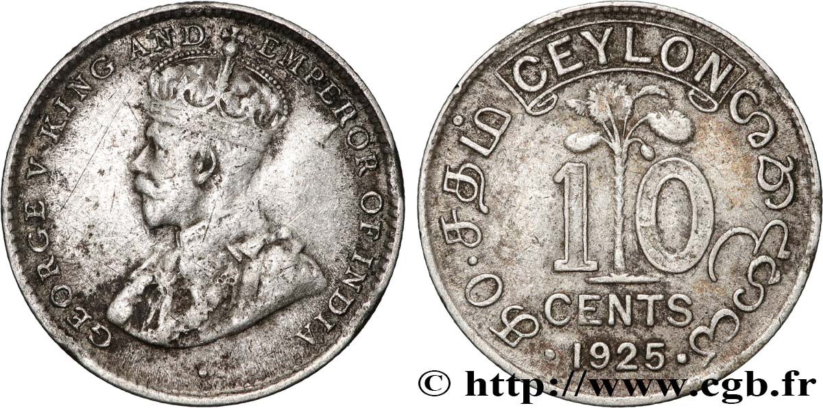 CEYLON 10 Cents Georges V 1925  VF 