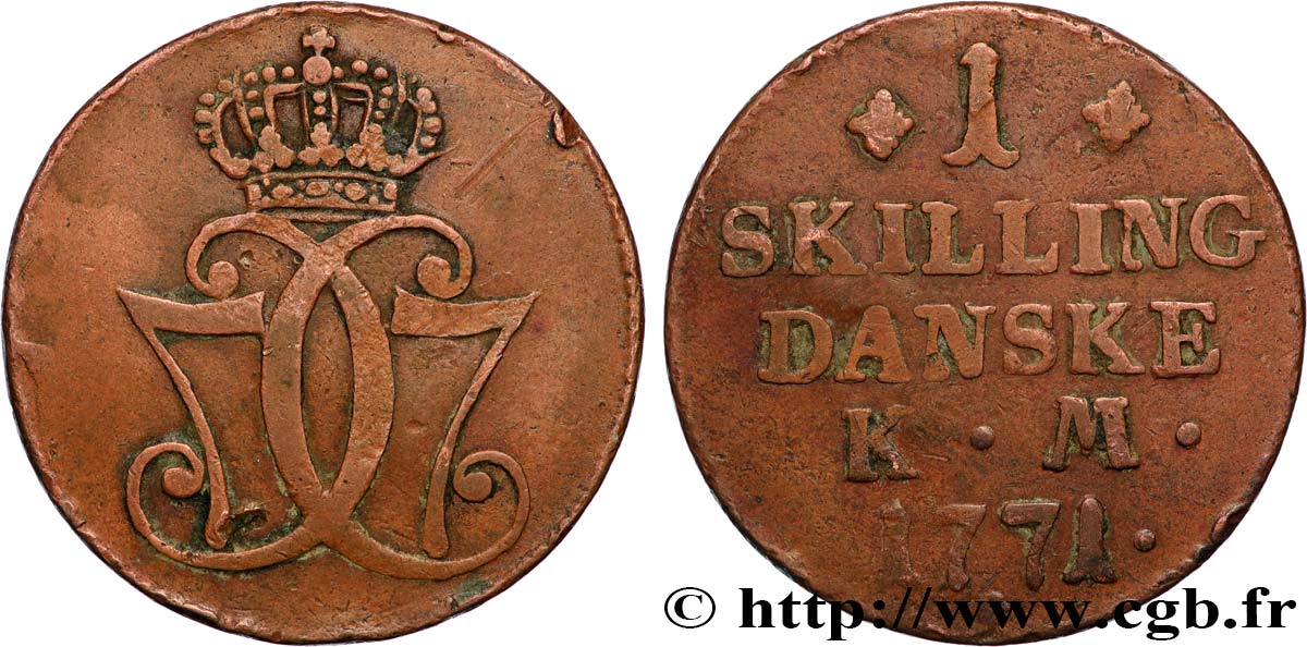 DENMARK 1 Skilling Christian VII 1771 Copenhague VF 