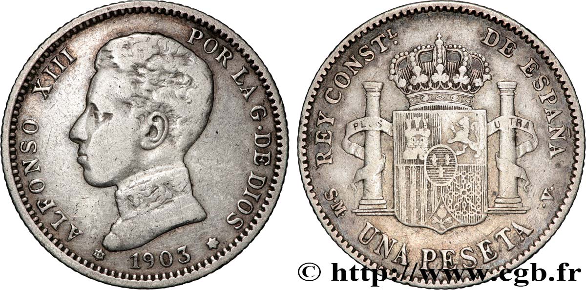 ESPAGNE 1 Peseta Alphonse XIII 4e type de buste 1903 Madrid TB 