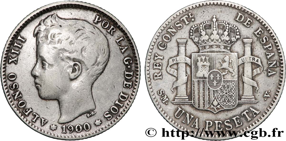 ESPAGNE 1 Peseta Alphonse XIII 3e type 1900 Madrid TB+ 