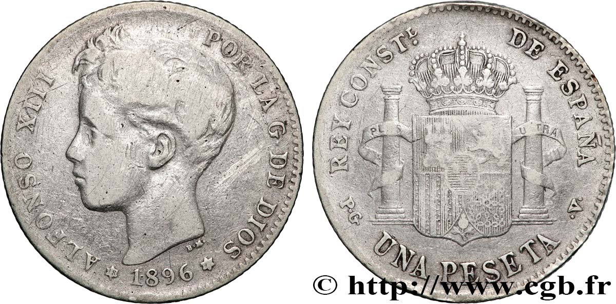 ESPAGNE 1 Peseta Alphonse XIII, 3e type 1896 Madrid TB 
